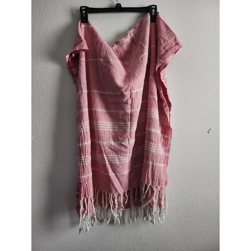 Red White Striped Fringe Wrap Shawl Oversized Scarf Beach Coverup Boho Woven - Picture 1 of 2